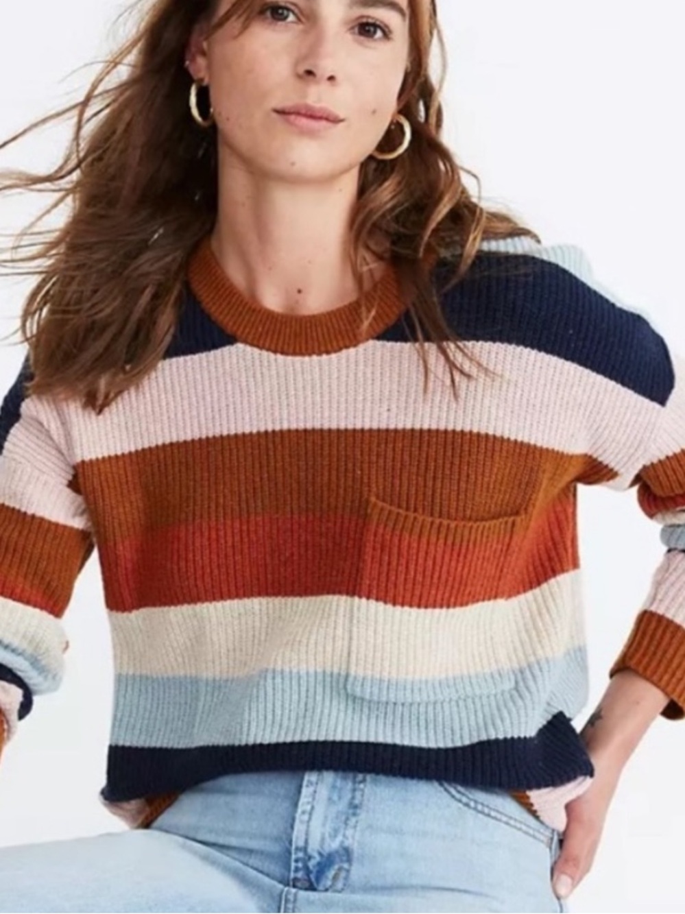 Madewell Thompson Striped Multi Color Sweater Sz medium earth tone, lightweight